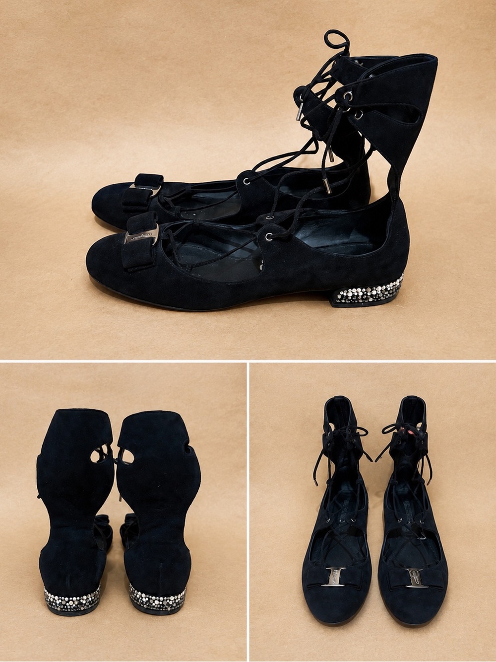 Black Lace-Up Suede Ballet Flats with Embellished Heel